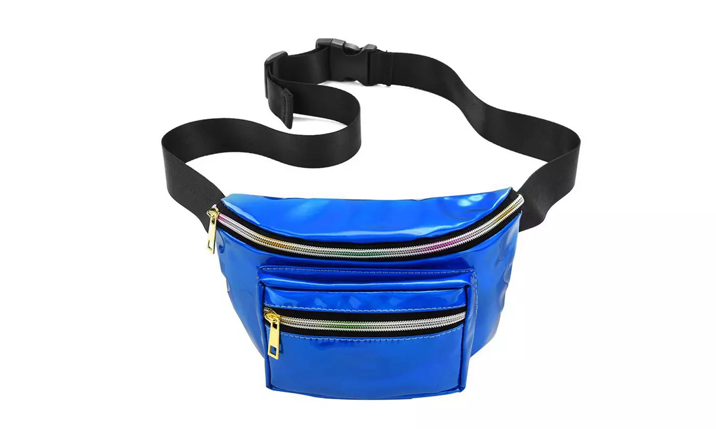 Women Holographic Fanny Pack Iridescent Shiny Waist Bag For Travel Festival Rave