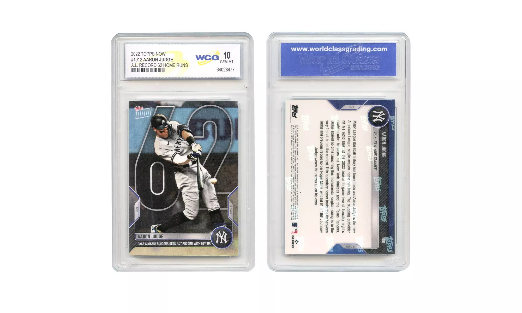 2022 Topps Now Aaron Judge 62 HR Record Baseball Card #1012 - Graded Gem Mint 10 - Primary Image