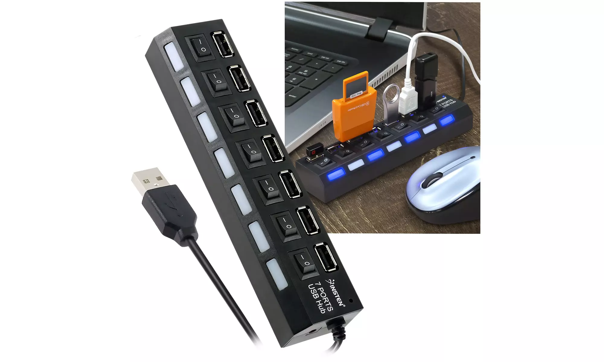 Insten 7-Port USB Hub with ON , OFF Switch, Black - Primary Image
