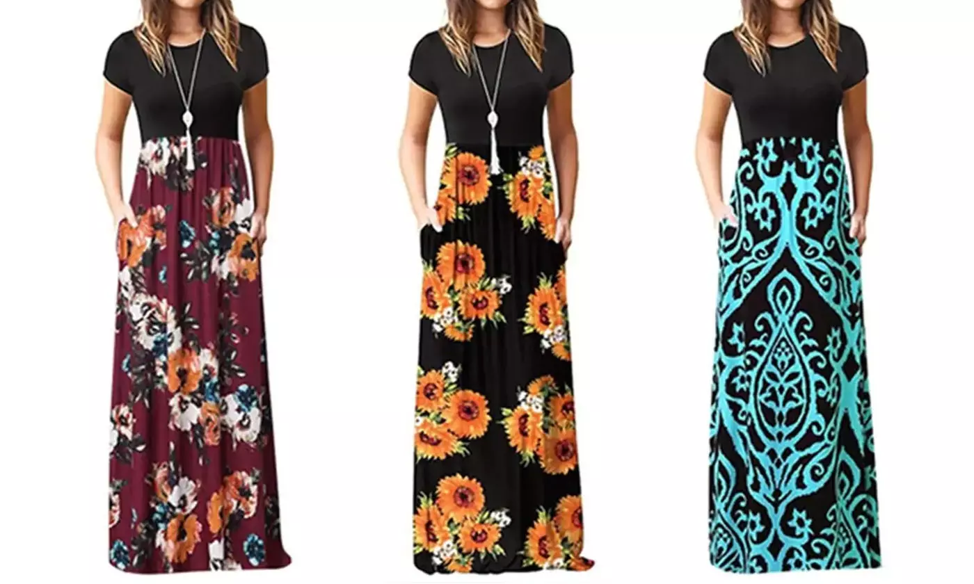 2019 Women Short Sleeve Loose Plain Fashion Maxi Dresses with Pockets - Primary Image