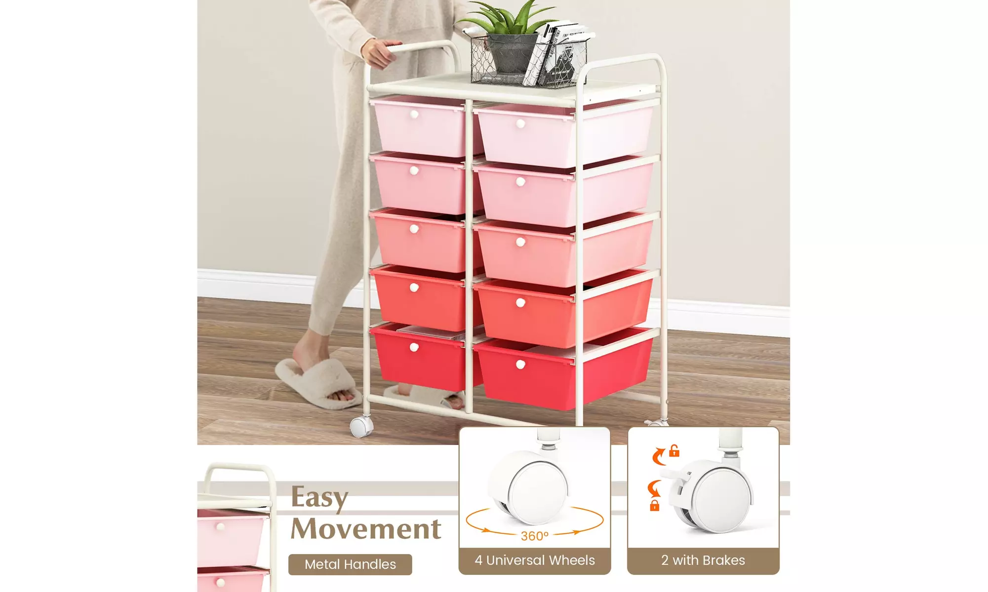 Costway 10-Drawer Storage Cart Utility Rolling Kitchen  Trolley Organizer