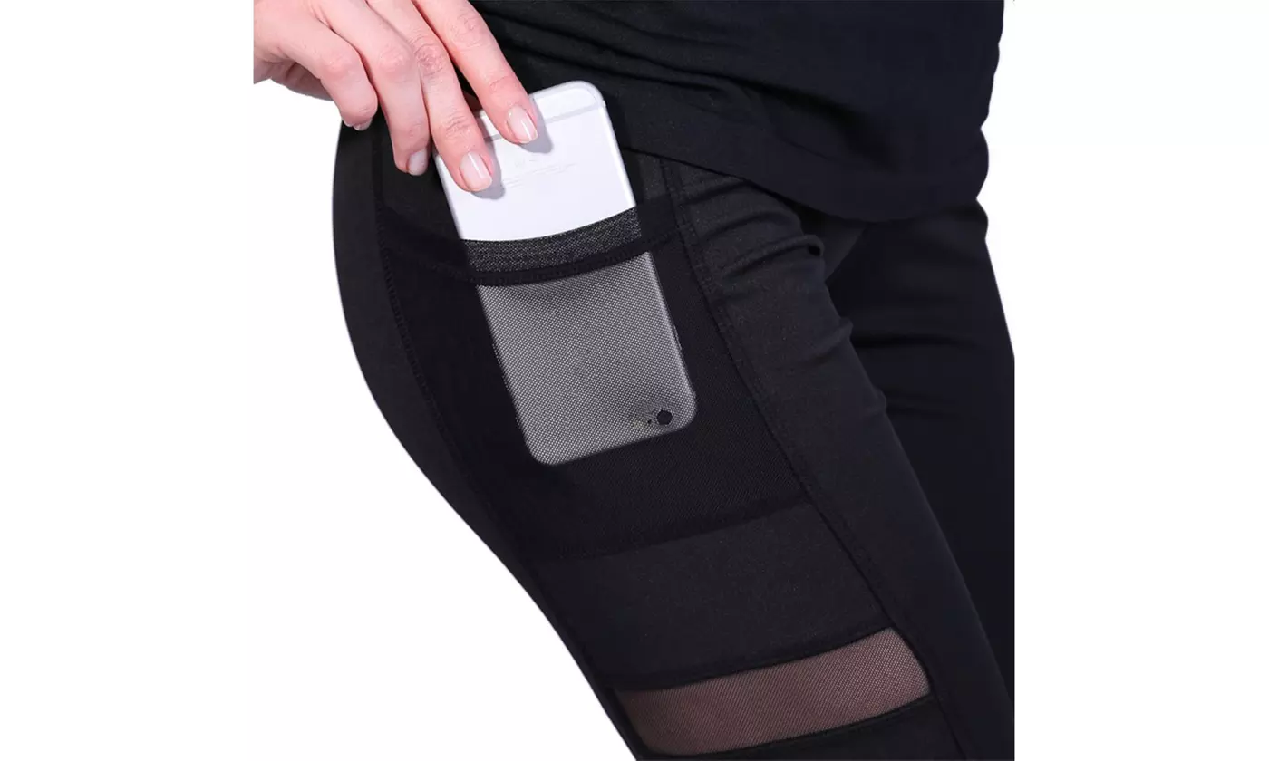 Women Side Pocket Mesh Splice Tummy Control High Waist Capri Leggings Yoga Pants