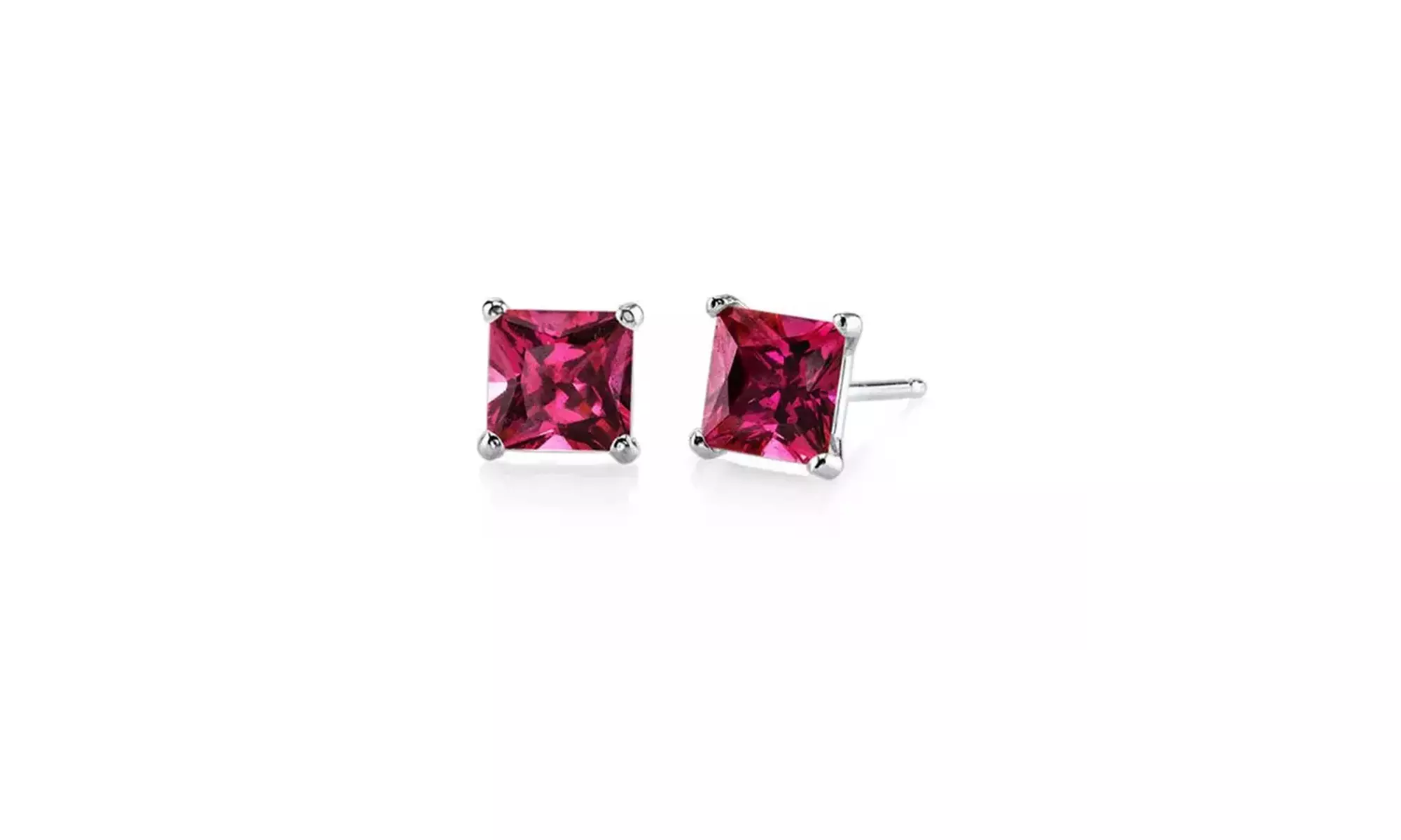 10k White Gold plated Princes Cut Created Ruby Sapphire Stud Earrings - Primary Image