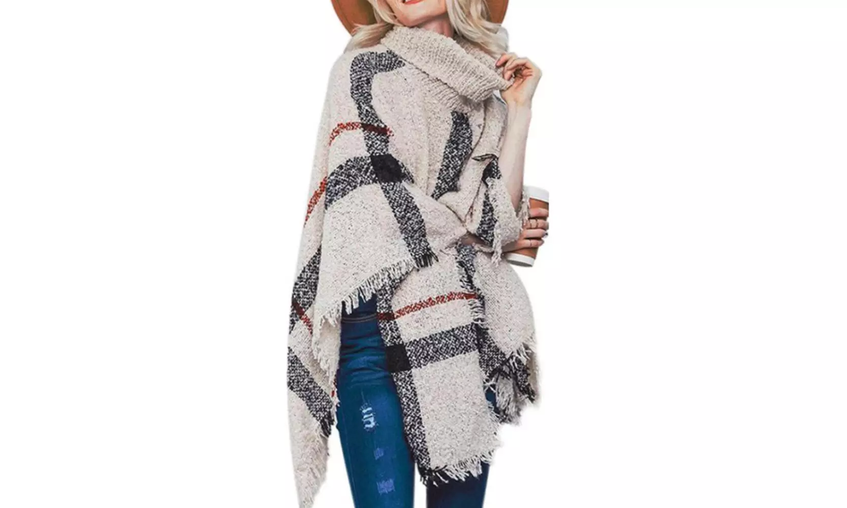 Women's Plaid Turtleneck Knitted Poncho - Primary Image