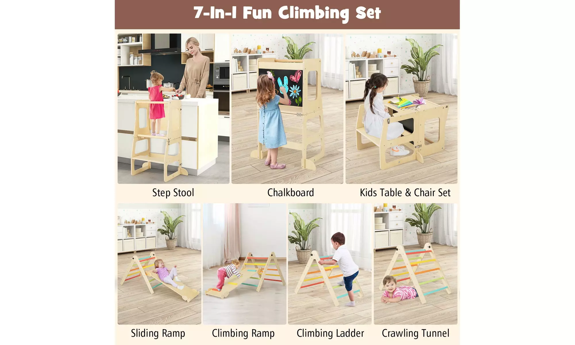7-in-1 Toddler Climbing Toy Set w/ Reversible Ramp Convertible Step Stool