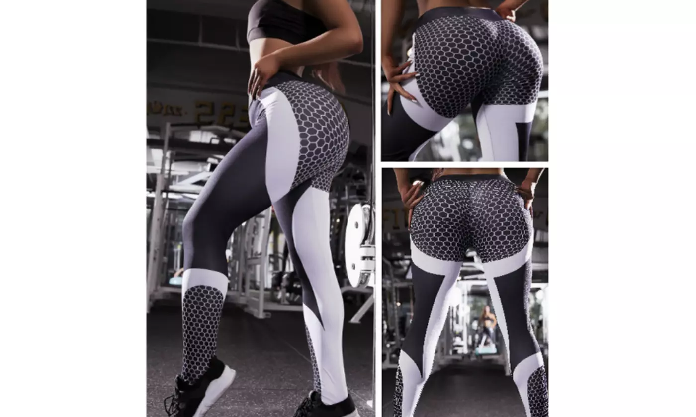 Women's Elasticity Fitness Leggings High Waist Honeycomb Printed Workout Pants - Image 6