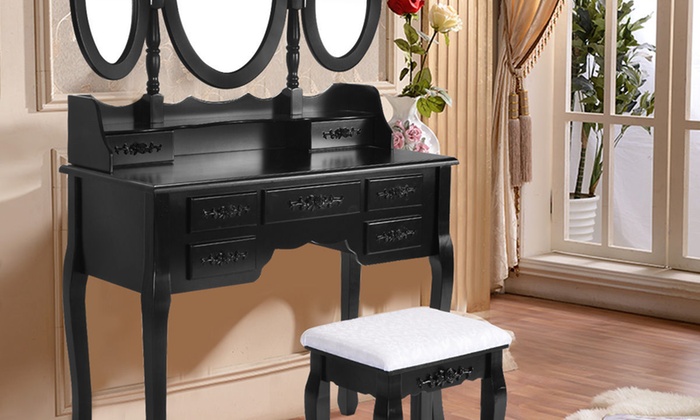 White Black Tri Folding Oval Mirror Wood Vanity Makeup Table Set