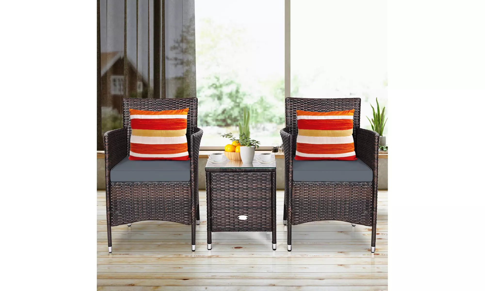 Costway Outdoor 3 PCS PE Rattan Wicker Furniture Sets Chairs Coffee Table Garden