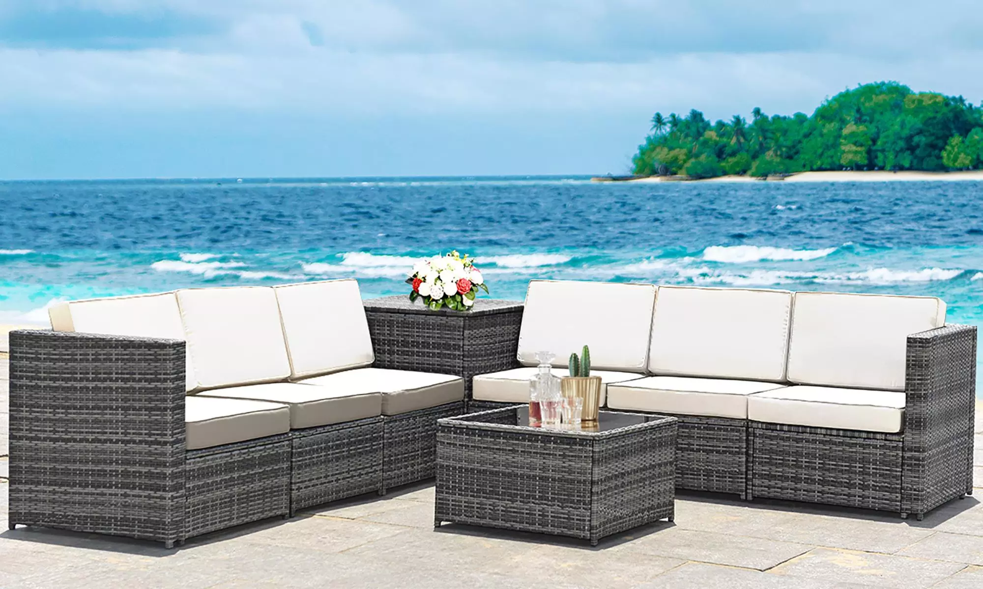Costway 8 PCS Wicker Sofa Rattan Dinning Set Patio Furniture w/ Storage Table - Primary Image