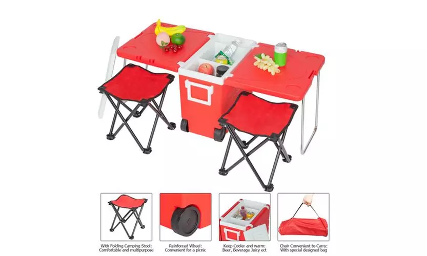 Multi Function Rolling Cooler for Picnic Camping w/ Table & 2 Chairs Blue - Primary Image