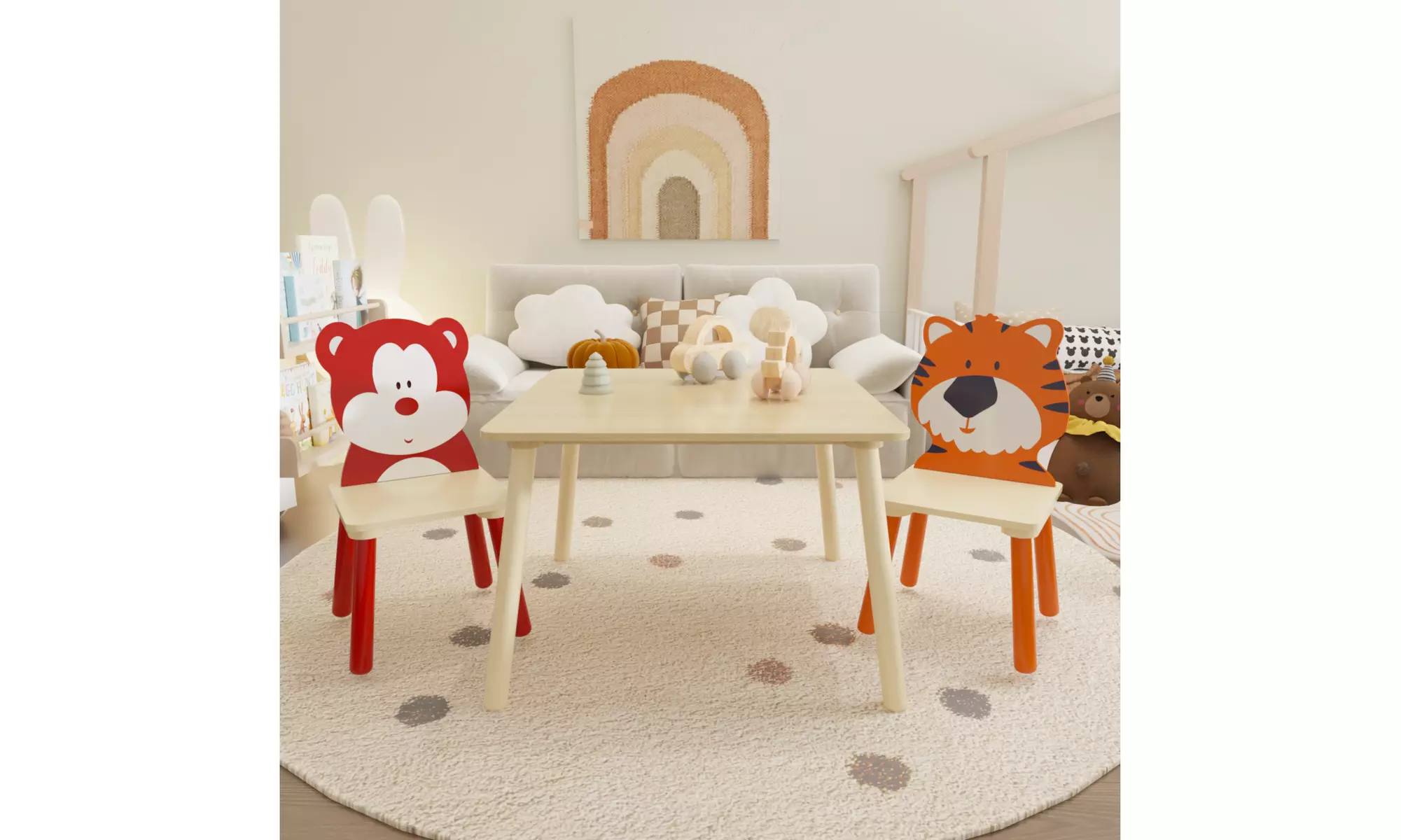 3 Pieces Kids Table and Chair Set , Kids Wood Table Set Cartoon Animals
