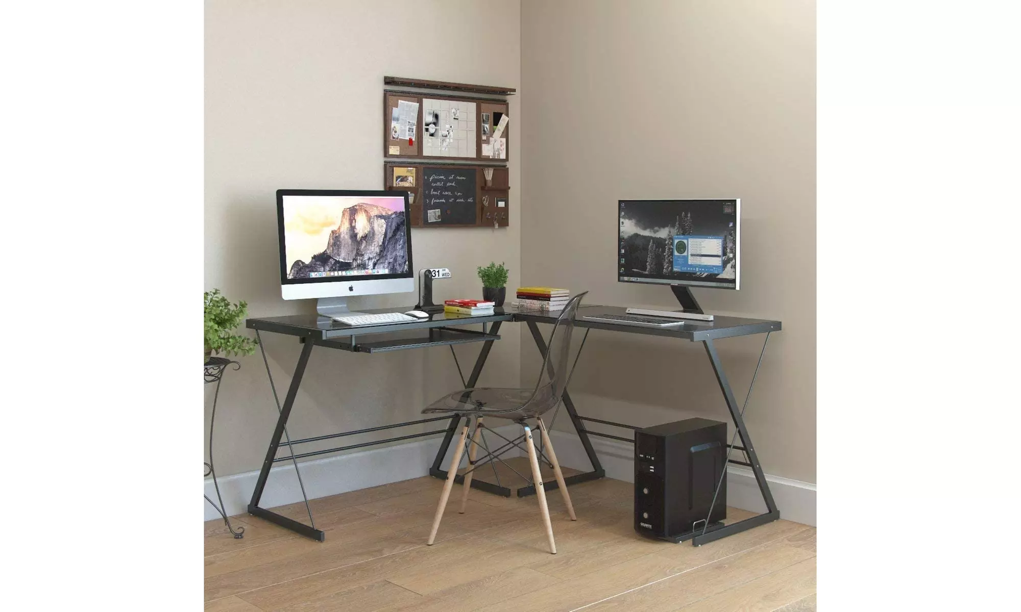 Home Office PC Writing Desk Furniture L-Shaped Glass PC Table Computer Desk - Second Medium
