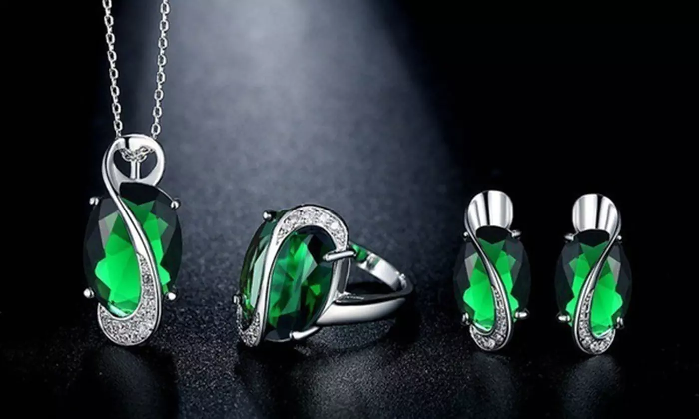 Womens 18k White Gold Plated Jewelry Sets Emerald Zircon Necklace Earring Set - Second Medium