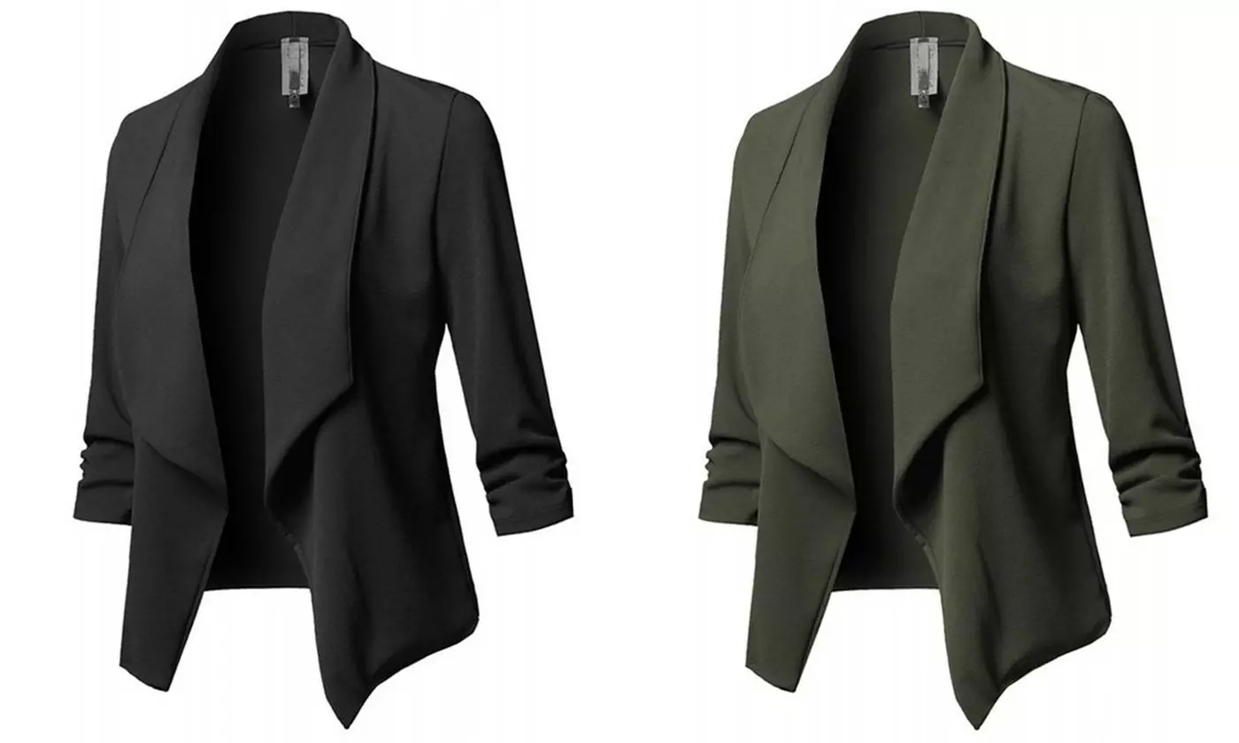 Women's Fashion Solid Color 3/4 Sleeve Open Blazer Shirring Tunic - Primary Image