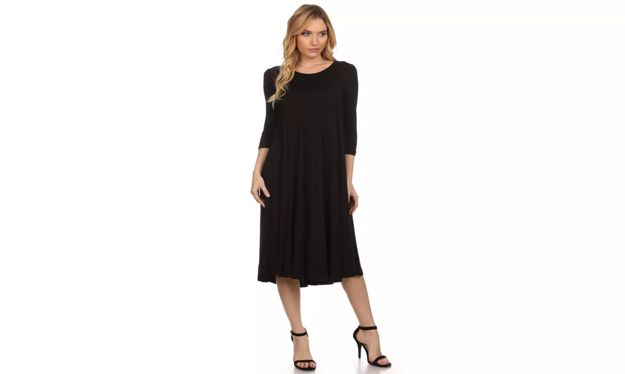 Women's Solid Casual Comfy 3/4 Sleeve Loose Fit A-line Midi Dress