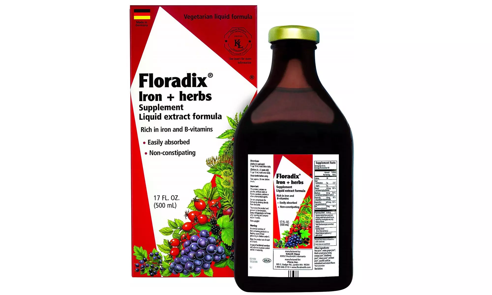 Floradix Liquid Iron Supplement Herbs 17Oz Large Natural Vegetarian Vitamin C - Primary Image