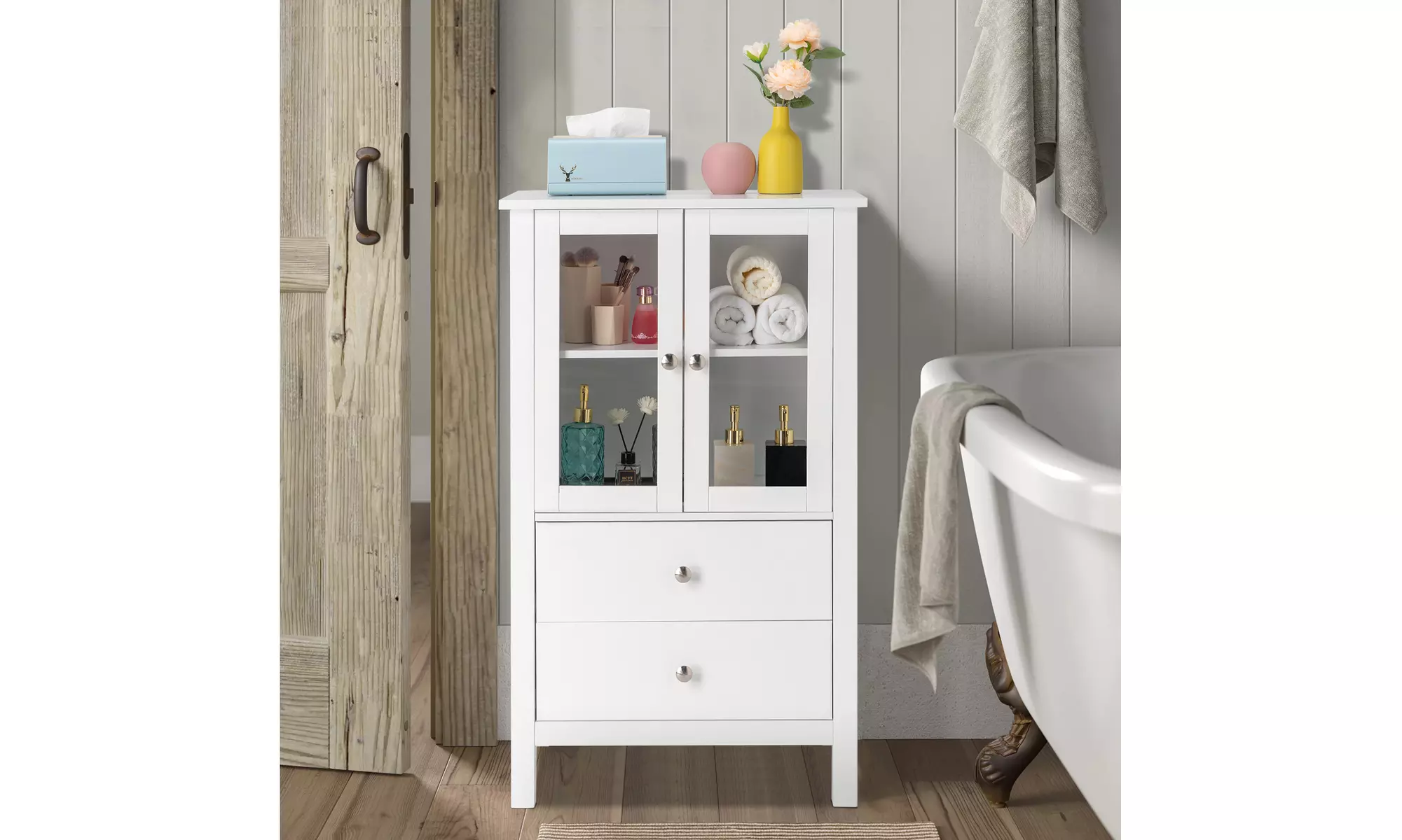 2-Door Storage Cabinet Solid Wood with 2 Drawers & Adjustable Shelf White - Second Medium