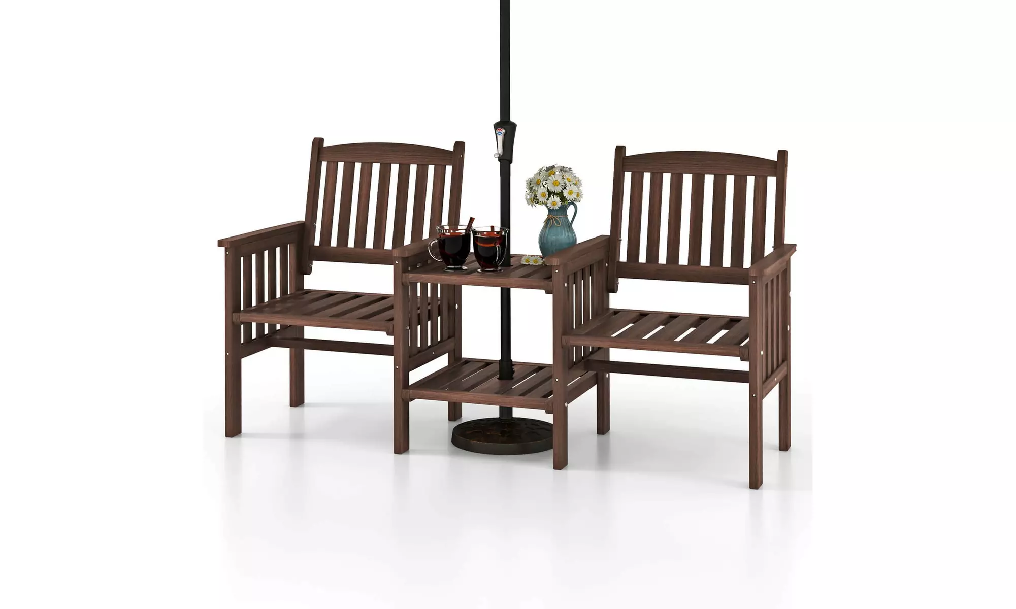 Costway Outdoor Fir Wood Loveseat with 2-Tier Side Table and 1.96" Umbrella Hole