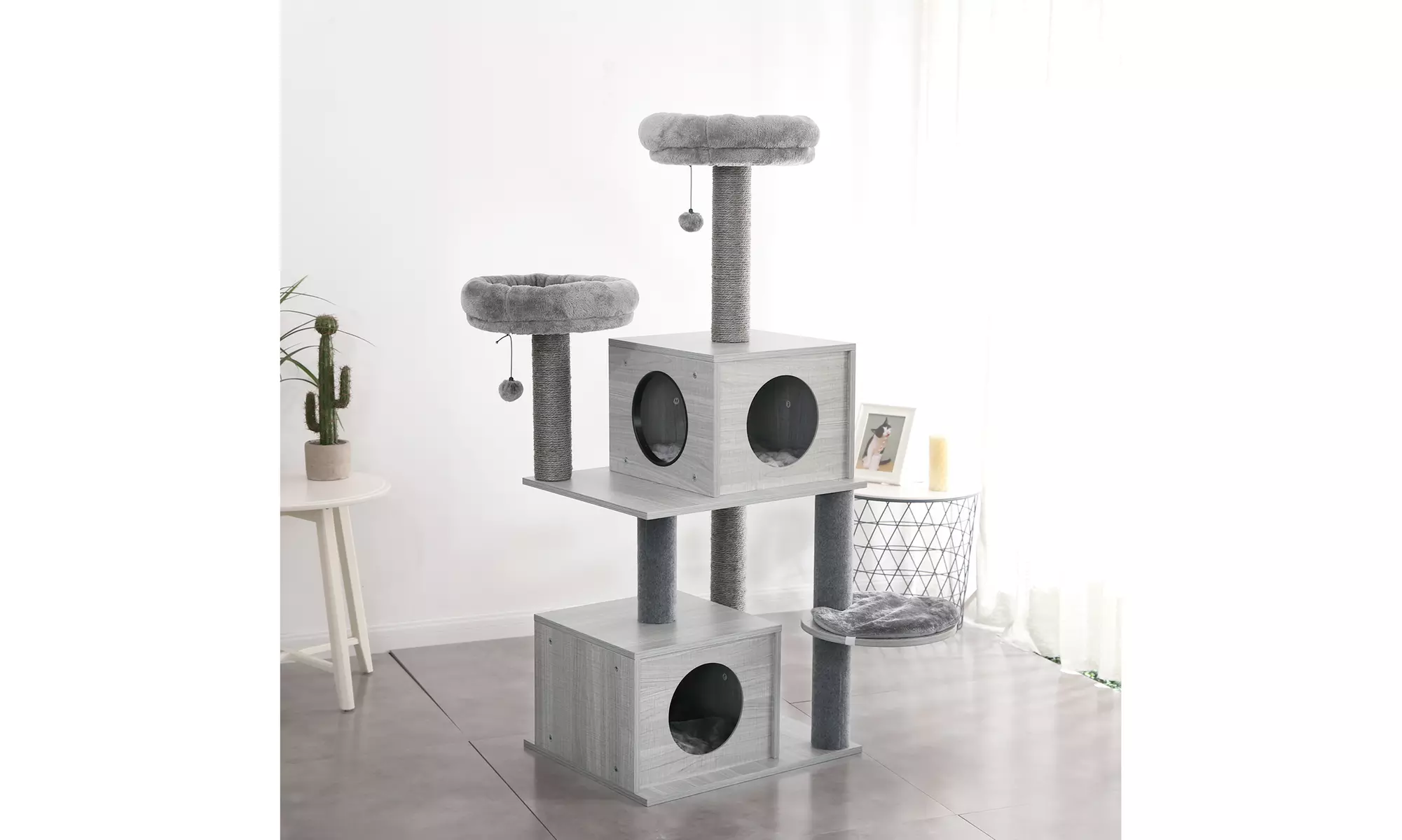 Modern Cat Tree 51 Inches Wooden Cat Tower with 2 Super LargeCat Condos