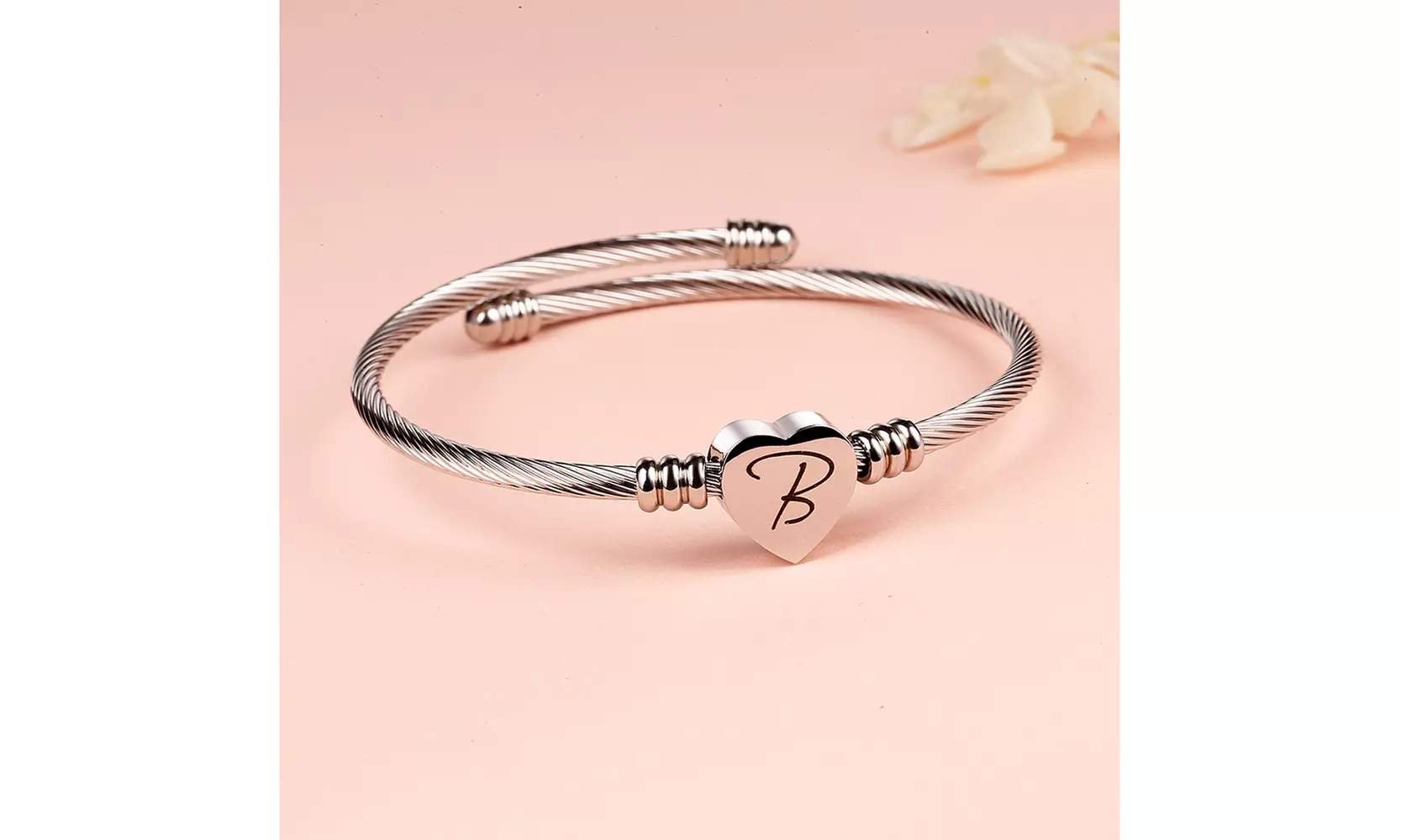 Twisted Steel Heart Cable Initial Bracelet