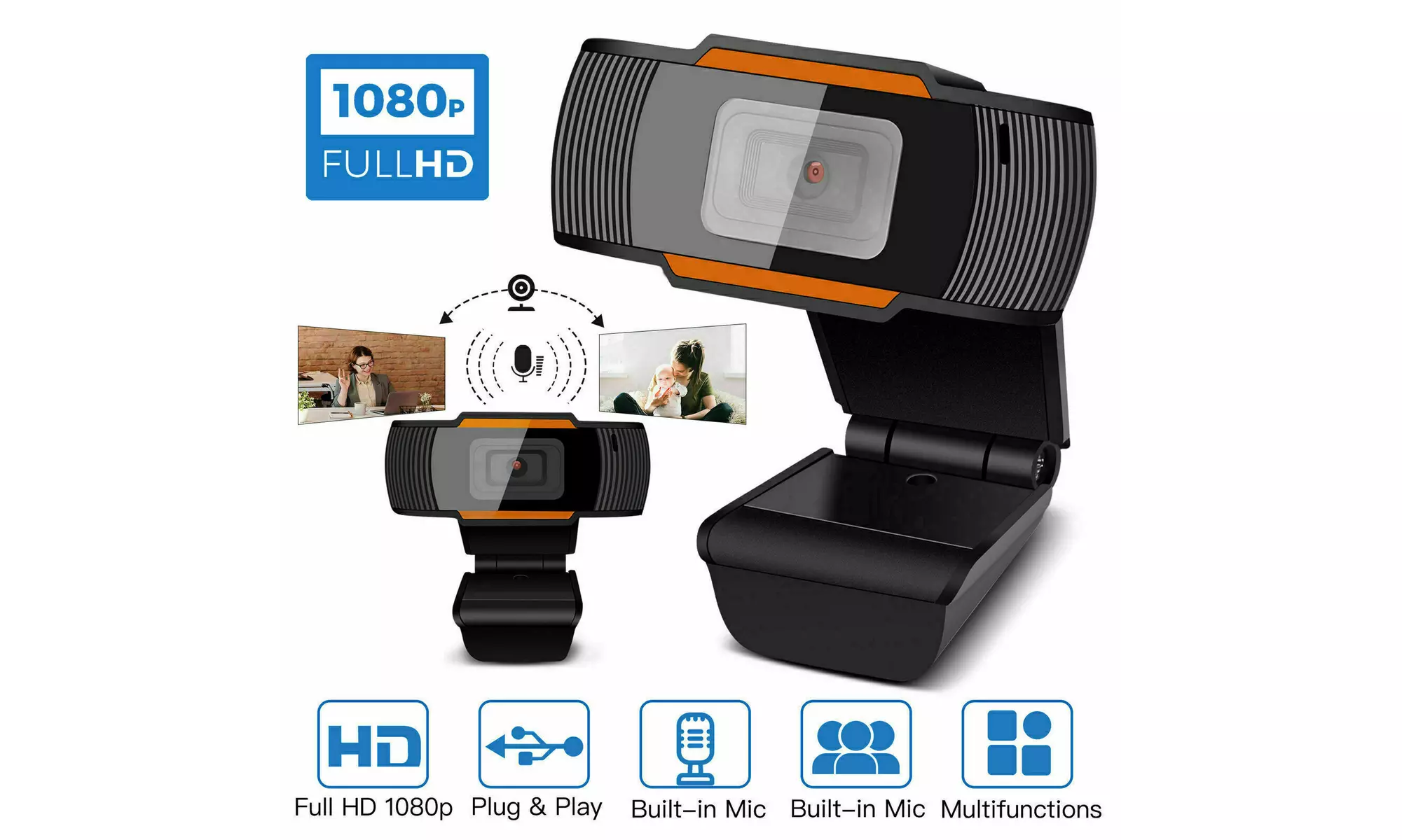 Webcam Auto Focusing Web Camera 1080P HD Cam Microphone for PC Laptop Desktop - Primary Image