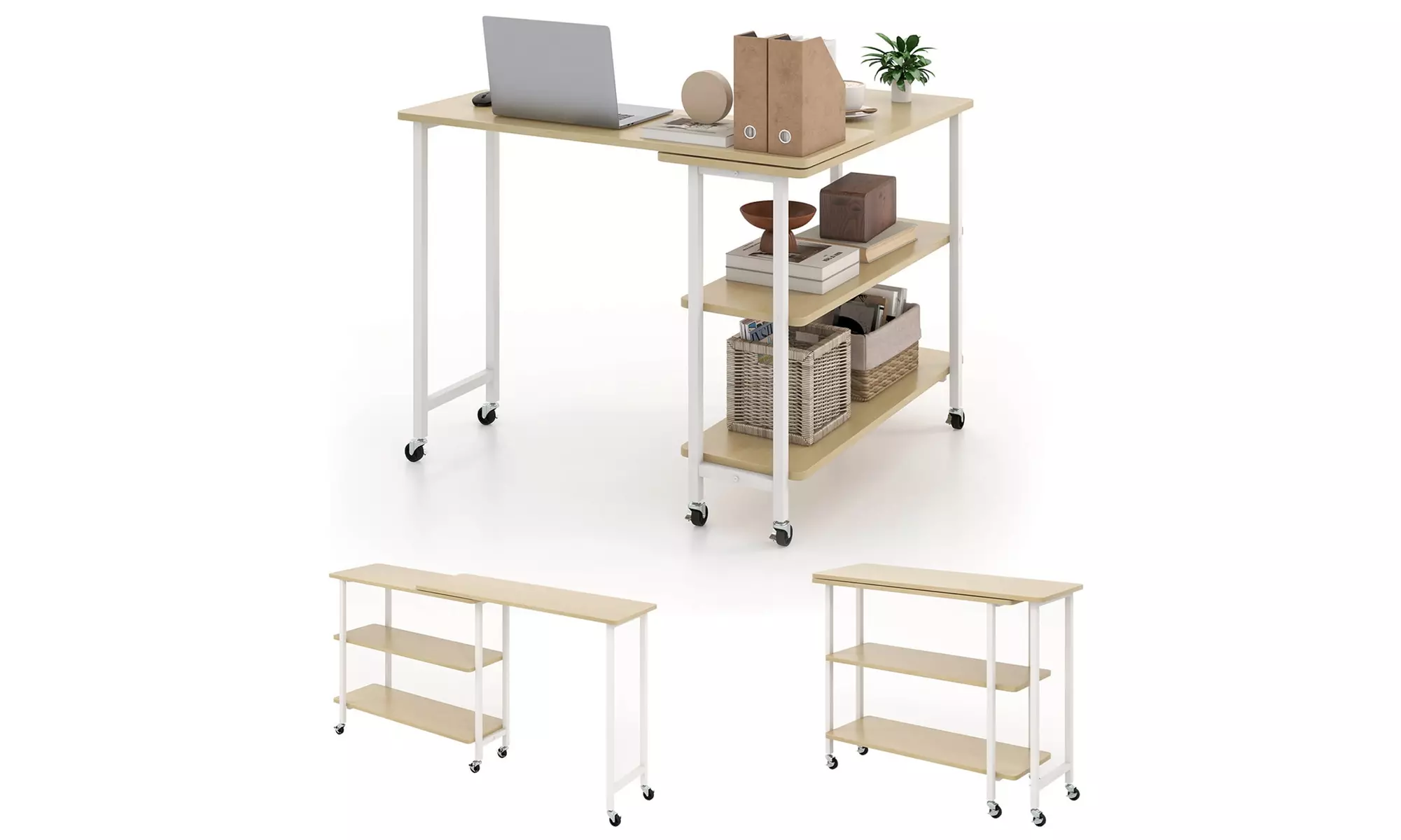 Costway 360-degree Rotating L-Shaped Sofa Side Table with Shelf