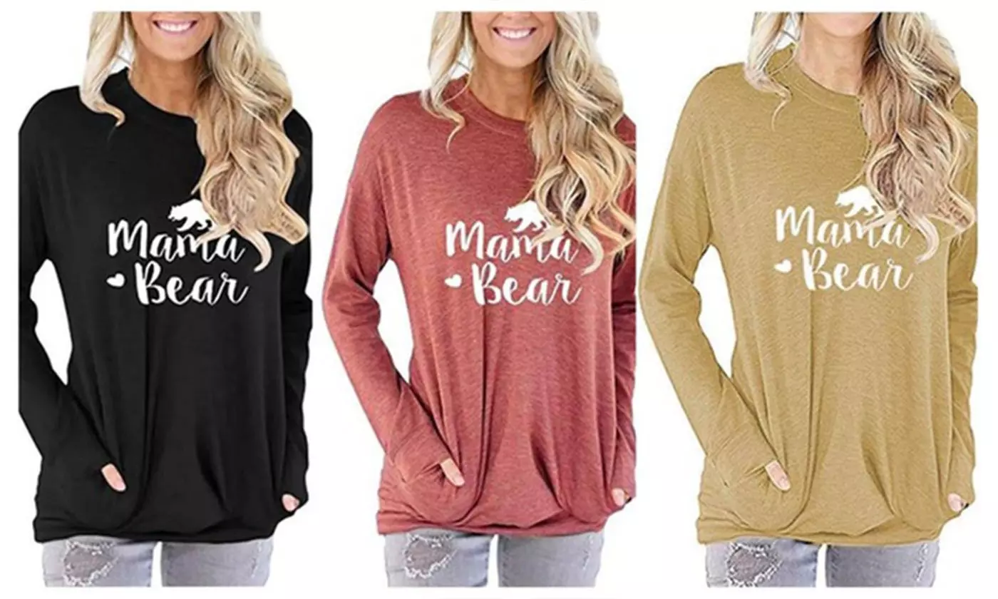 Women Long Sleeve Print Mama Bear Crew Neck Elbow Patch Top - Primary Image
