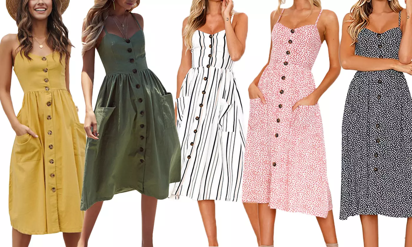 Womens Floral Summer Dress Spaghetti Straps Pocket Sundress Beach Midi Dress