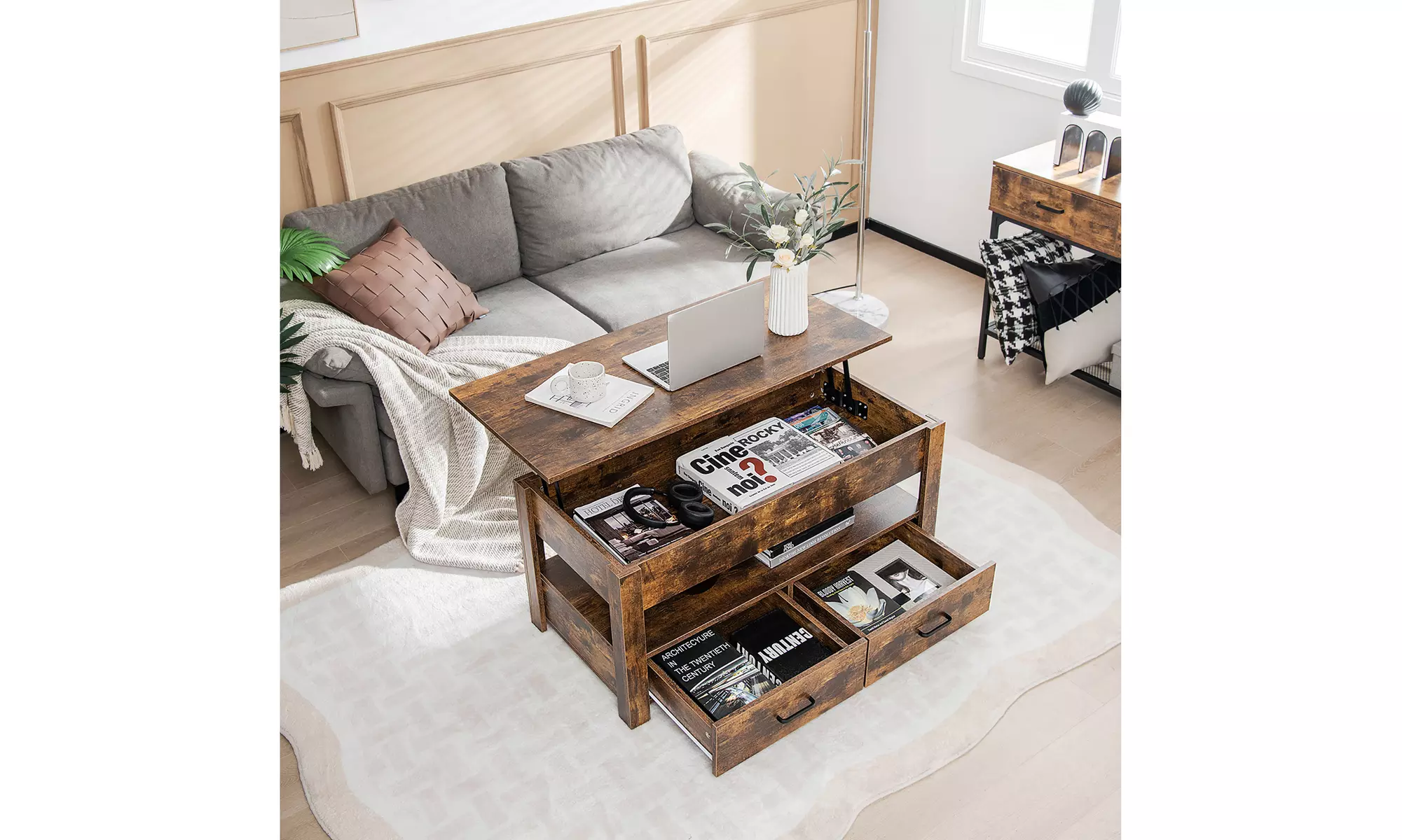 Costway Lift Top Coffee Table with 2 Storage Drawers &Hidden Compartment - Primary Image