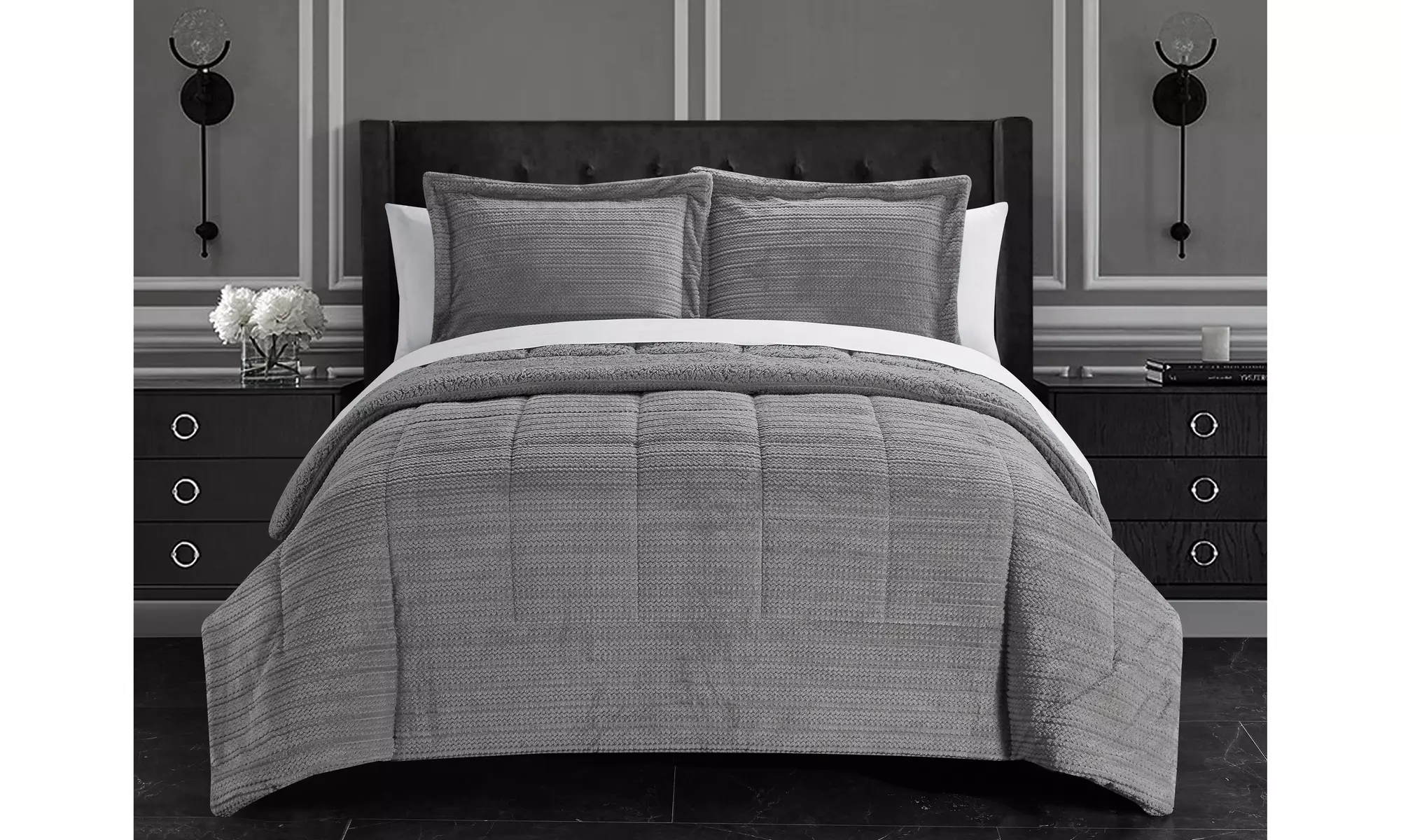 Reiland 3 or 2 Piece Comforter Set Ribbed Textured Microplush Sherpa Bedding - Primary Image