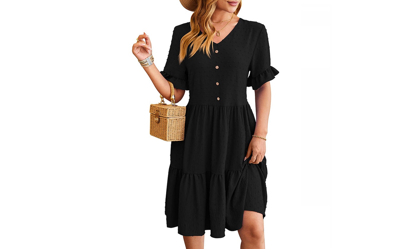 Womens V Neck Short Sleeve Swiss Dot Ruffle Hem Summer Dress 