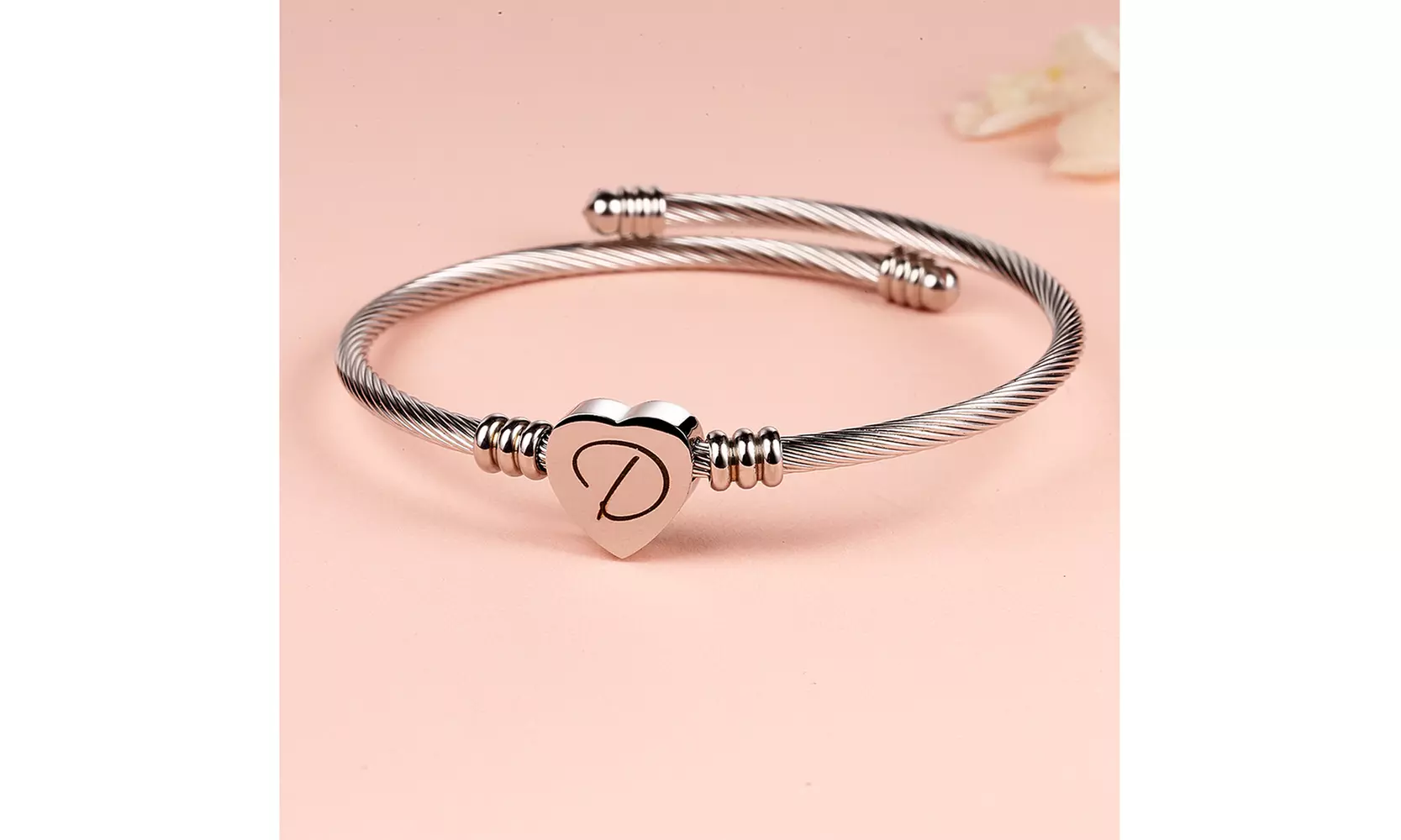 Twisted Steel Heart Cable Initial Bracelet