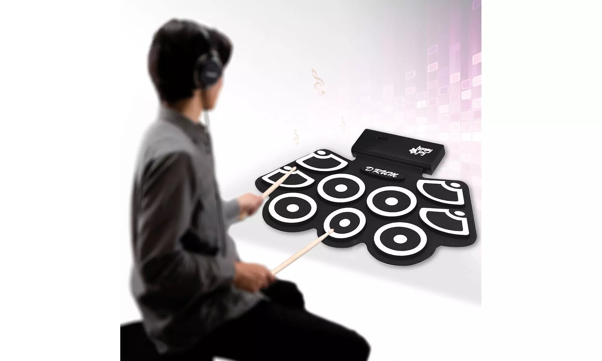 Electronic Roll Up Drum Set Silicone Rechargeable w/Foot Pedals Sticks - Primary Image