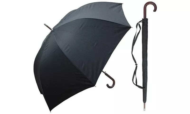 RainStoppers W069 60 in. Auto Open Black Doorman Umbrella with Wood Hook Handle - Primary Image
