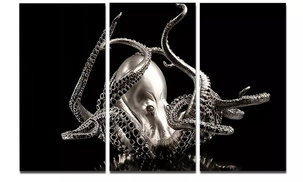 Silver Octopus Abstract Digital Art Metal Wall Art 36x28 3 Panels - Primary Image