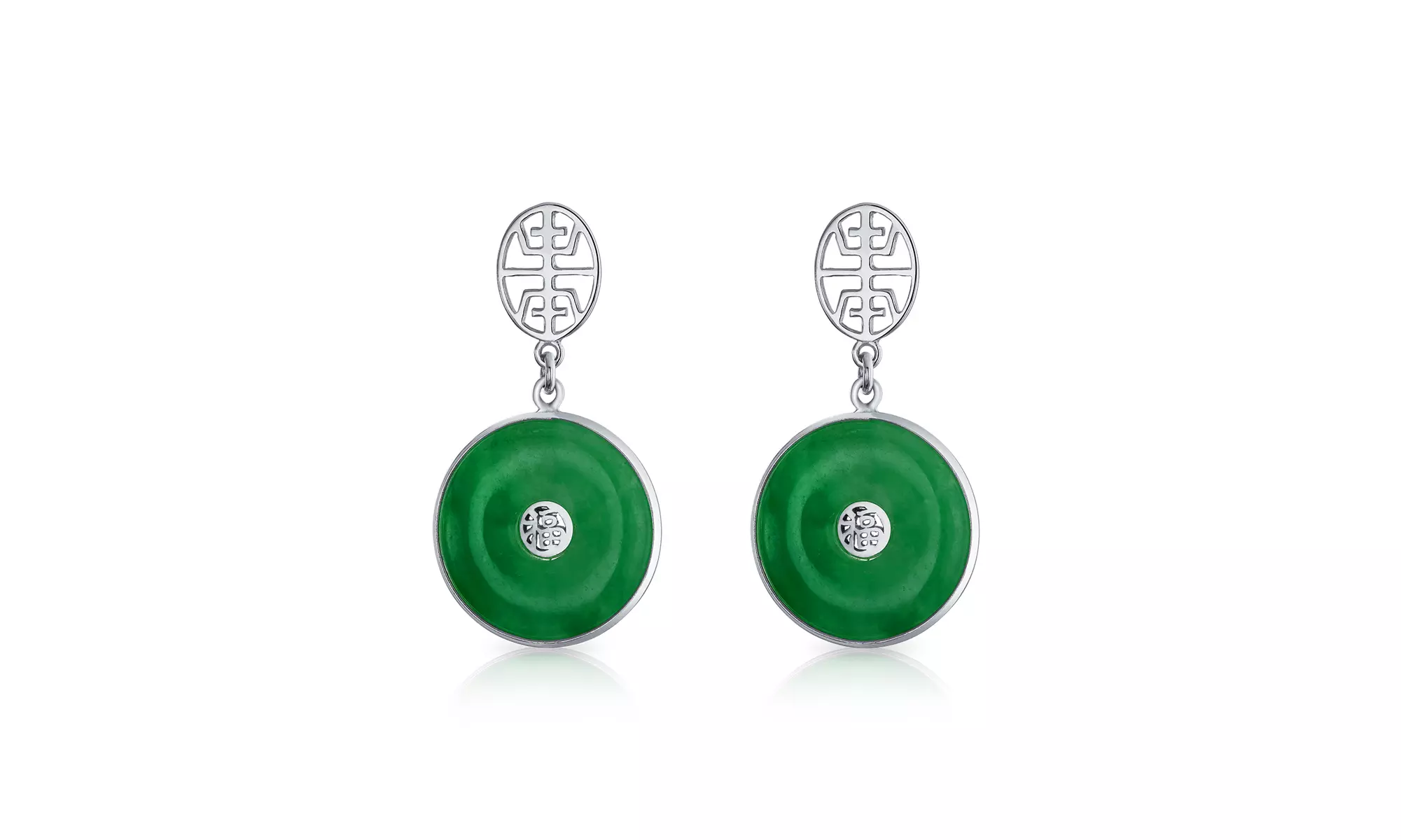 Asian Good Fortune Symbol Green Jade Drop Earrings Gold Plated Silver - Second Medium