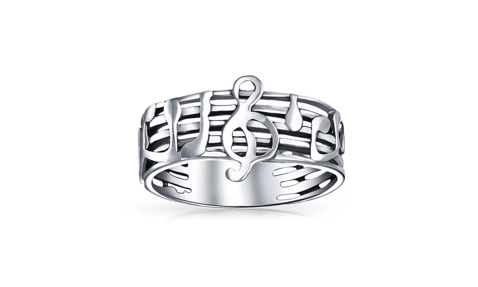 Music Notes Treble Clef Stelring Silver Band Ring - Second Medium
