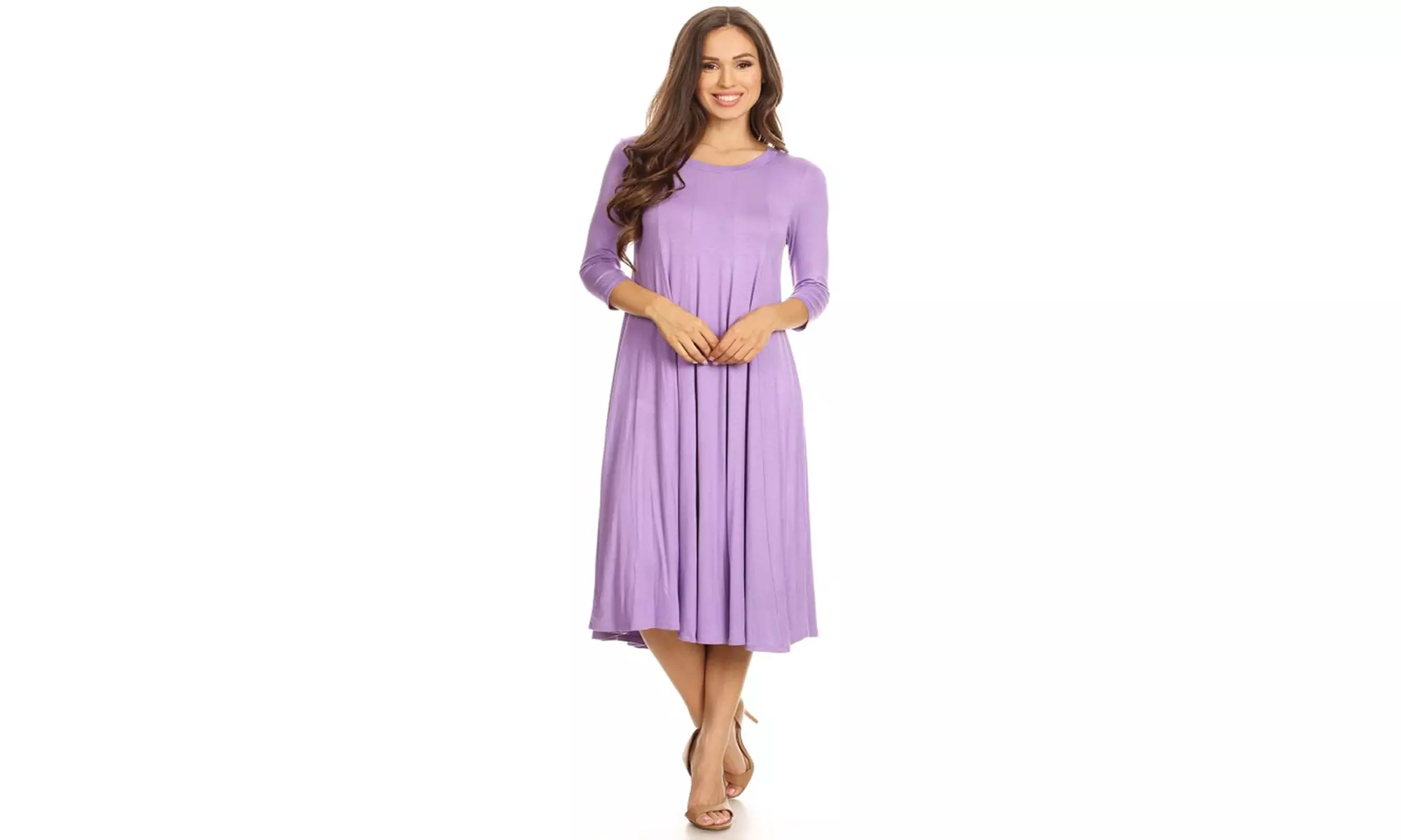 Women's Solid Casual Comfy 3/4 Sleeve Loose Fit A-line Midi Dress