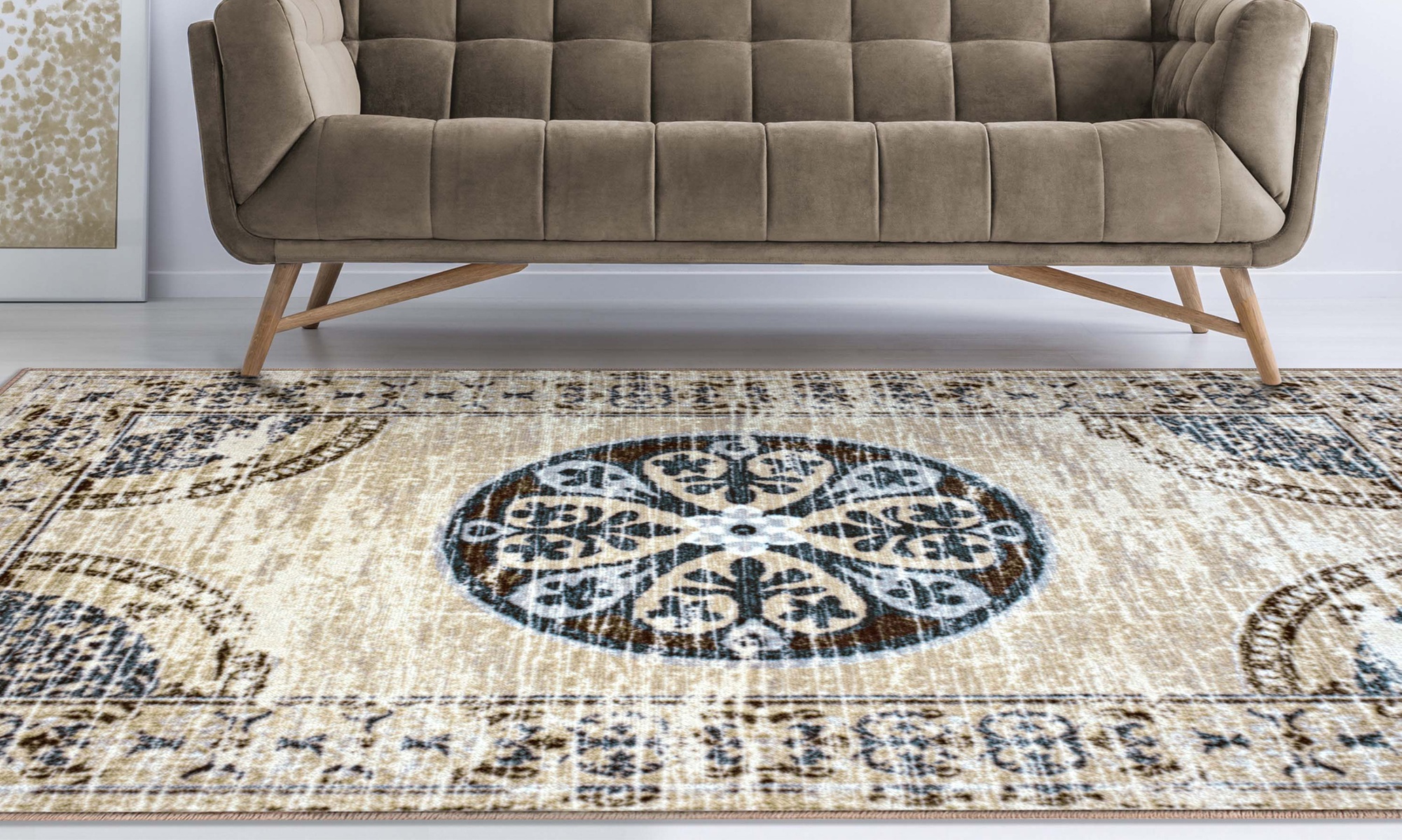 Superior Distressed Medallion Washable Non Slip Area Rug / Runner Rug / Door Mat