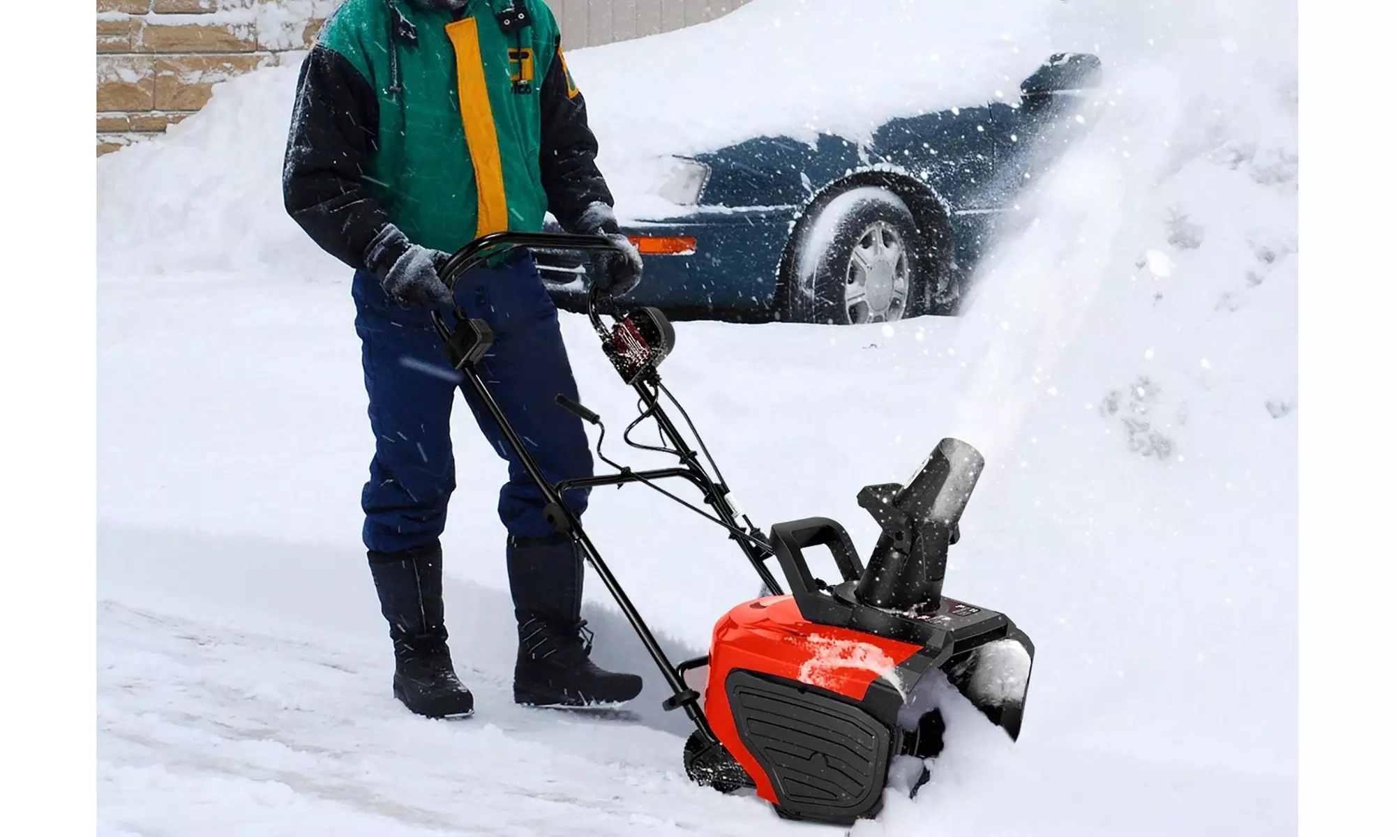 Blue/Red Snow Blower Corded 180 Degrees Chute Rotation 2 Transport Wheels 15Amp - Primary Image