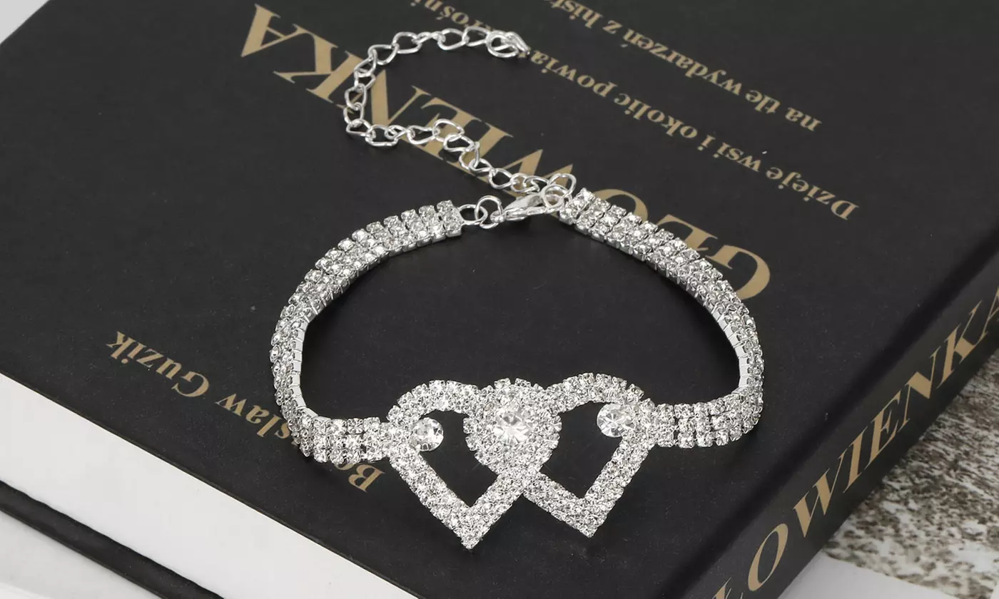 Rhinestone Double Heart Ankle Bracelets Crystal Tennis Anklet Bracelet Jewelry 