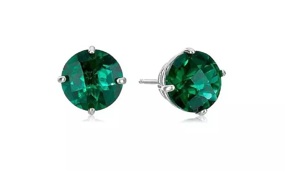 14k white Gold Plated Round 4 Ct Green Sapphire Stud Earrings. - Primary Image