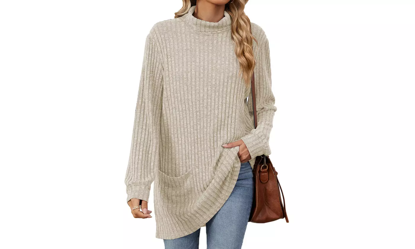 Womens Lightweight Turtleneck Long Sleeve Knit Tunic Top with Pockets