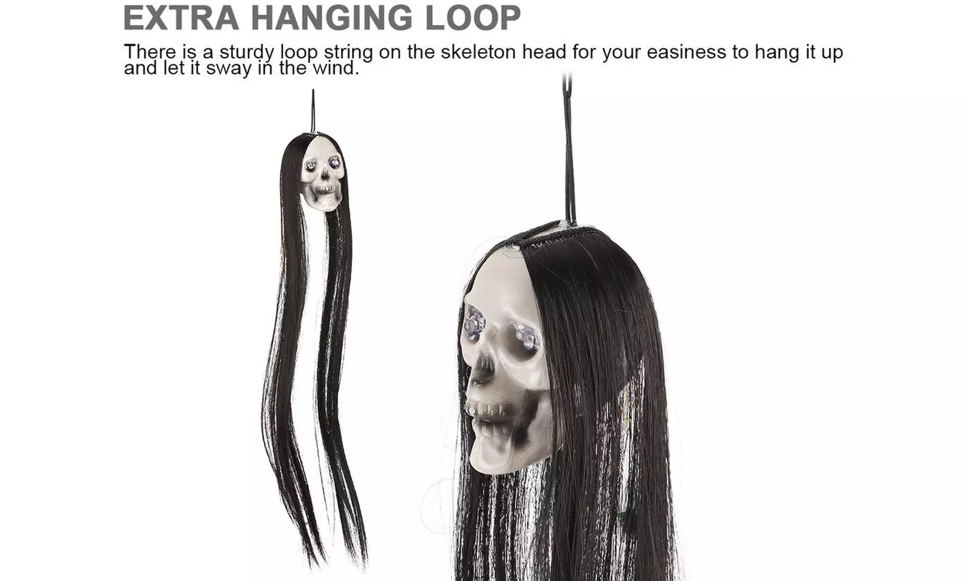 20" Halloween Hanging Ghost LED Glowing Eyes Halloween Prop Skull Scray Hair