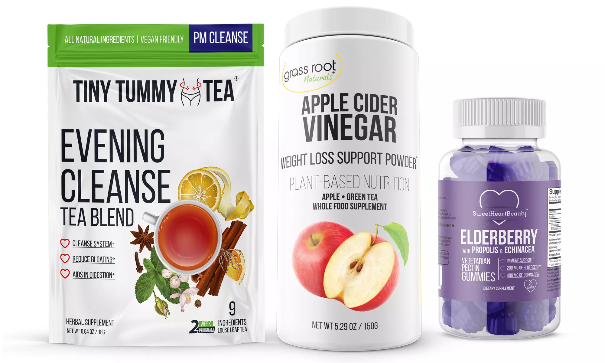Tiny Tummy Tea Cleanse, Apple Cider Vinegar Powder & Elderberry Gummy - Primary Image