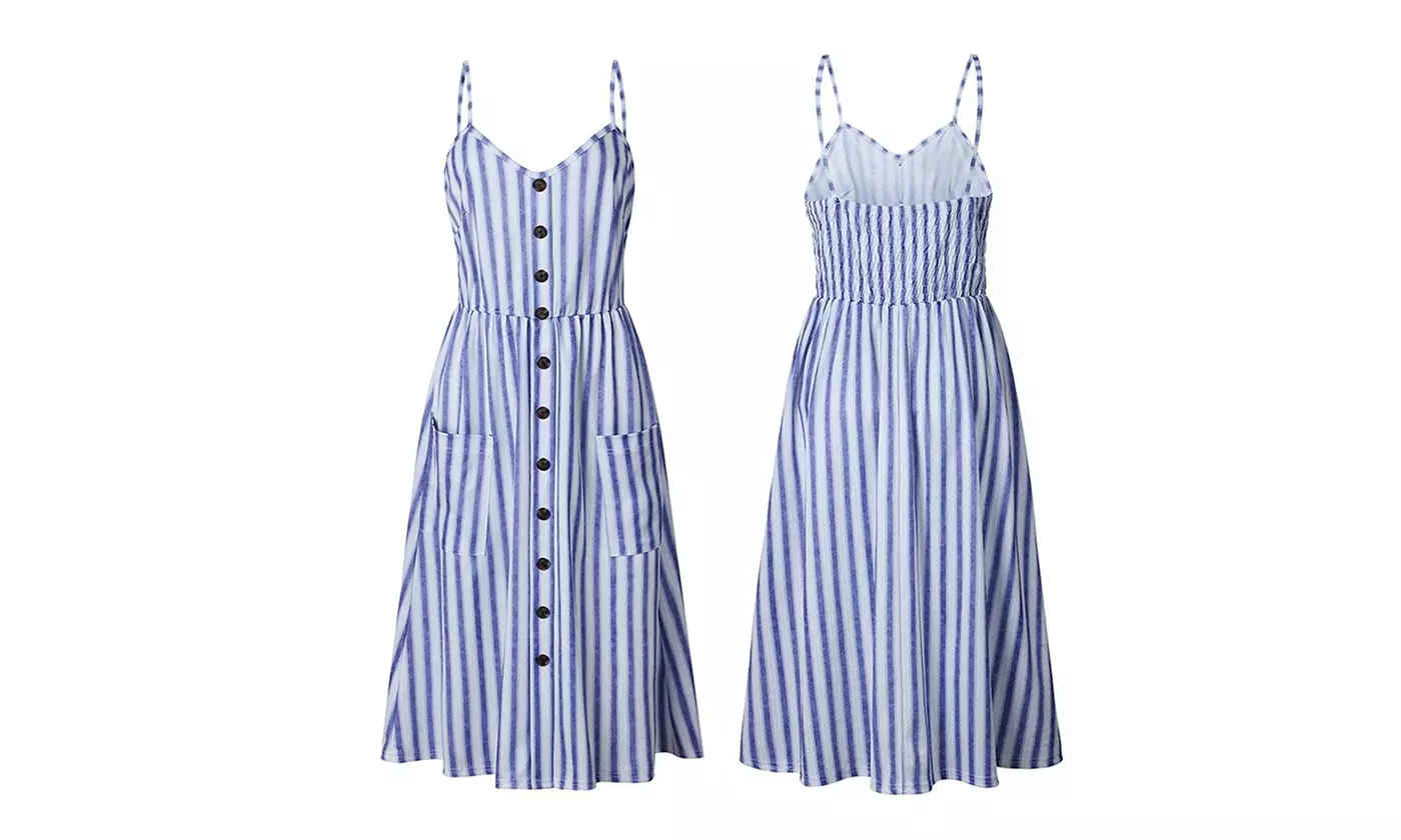 Womens Floral Summer Dress Spaghetti Straps Pocket Sundress Beach Midi Dress