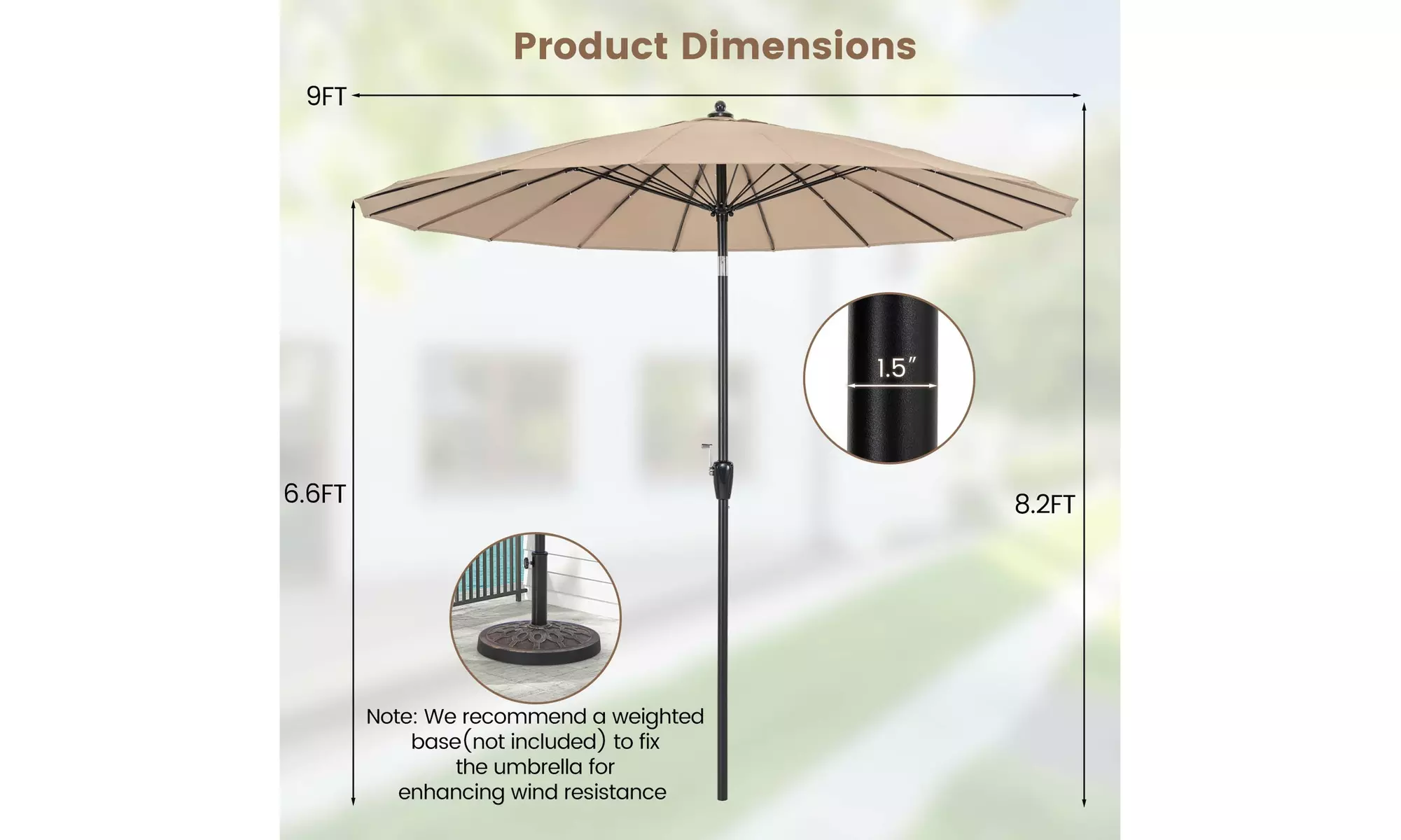 Costway 9 FT Round Patio Umbrella with Push Button Tilt & Crank Handle