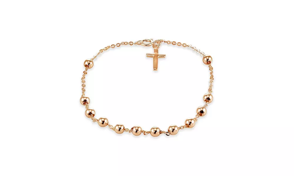 Rose Gold Flashed Sterling Silver Bead Station Cross Chain Bracelet - Primary Image