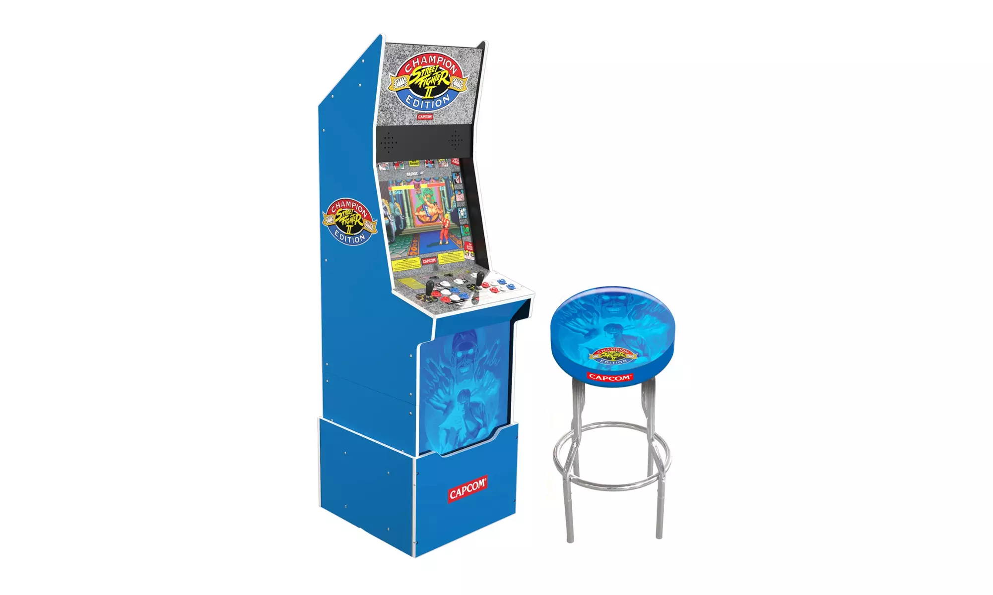 Arcade1UP Street Fighter II Big Blue Arcade Machine with Riser and Stool Bundle - Primary Image