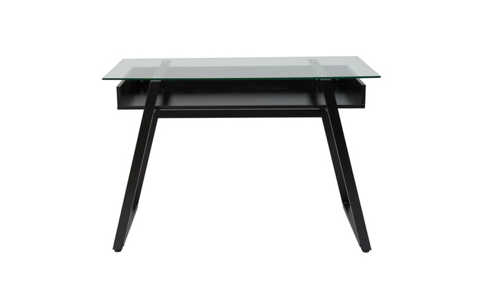Huntley Glass Computer Desk With Shelf And Black Metal Legs